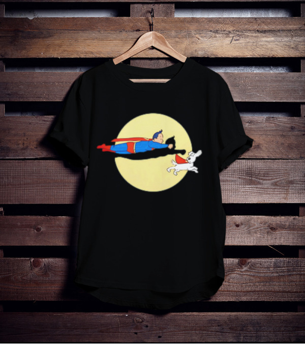 Superman And Krypto X The Adventures Of Tintin Super Tintin Flying Duo Moon Background T-Shirt