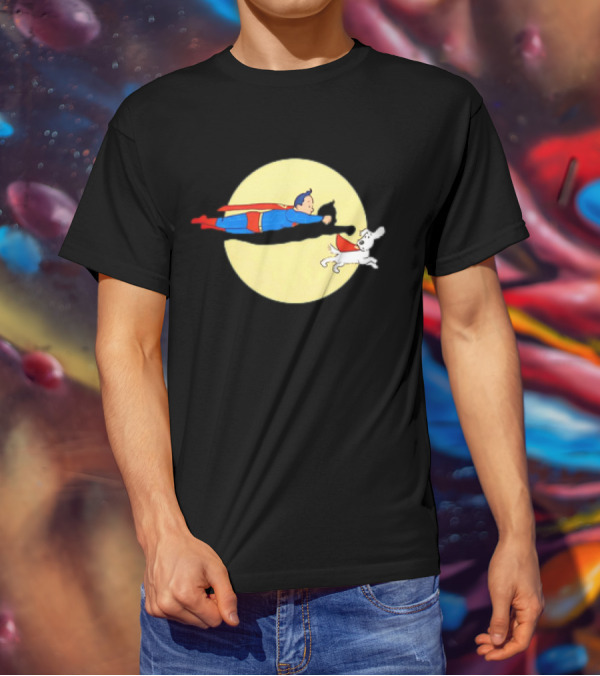 Superman And Krypto X The Adventures Of Tintin Super Tintin Flying Duo Moon Background T-Shirt