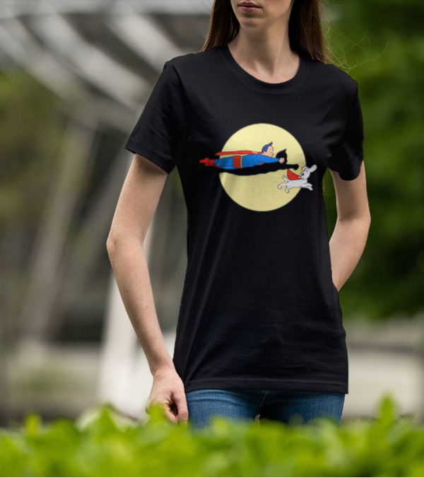 Superman And Krypto X The Adventures Of Tintin Super Tintin Flying Duo Moon Background T-Shirt