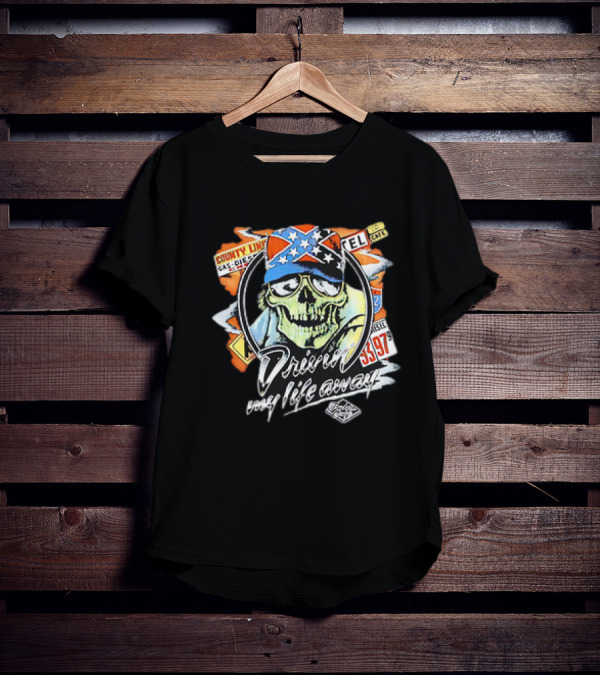 Driven My Life Away Thelma And Louise Skull With Route 66 County Line Symbols T-Shirt