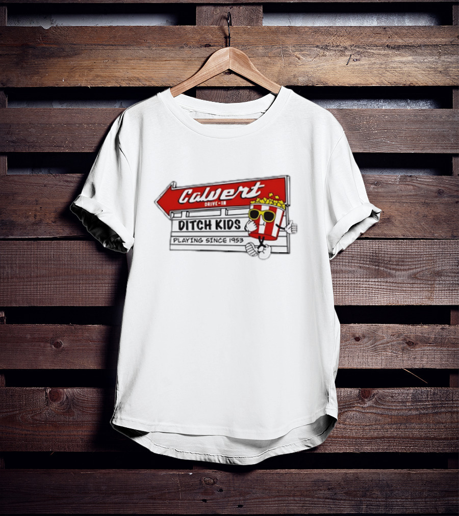 Calvert Drive-In Ditch Kids Playing Since 1953 Popcorn Character T-Shirt