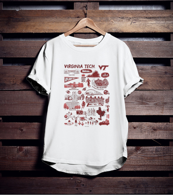 Virginia Tech Hokies VT 1872 Campus Map Lane Stadium Blacksburg Basketball Football HokieBird Burruss Hall Memorial Chapel Torgersen Bridge Monorail Library T-Shirt