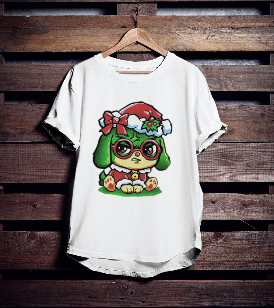Grumpy Dog In Santa Hat With Holly And Bow For Christmas Holiday T-Shirt