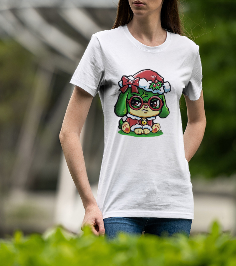 Grumpy Dog In Santa Hat With Holly And Bow For Christmas Holiday T-Shirt