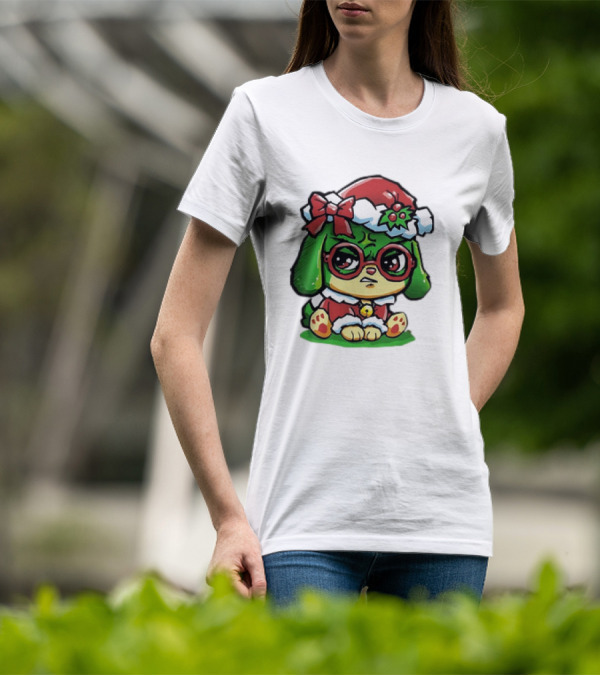 Grumpy Dog In Santa Hat With Holly And Bow For Christmas Holiday T-Shirt