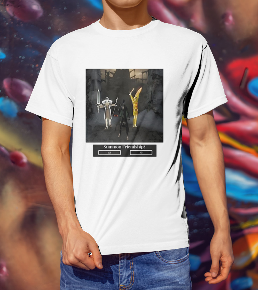 Summon Friendship? Yes No Characters With Swords And Wings T-Shirt