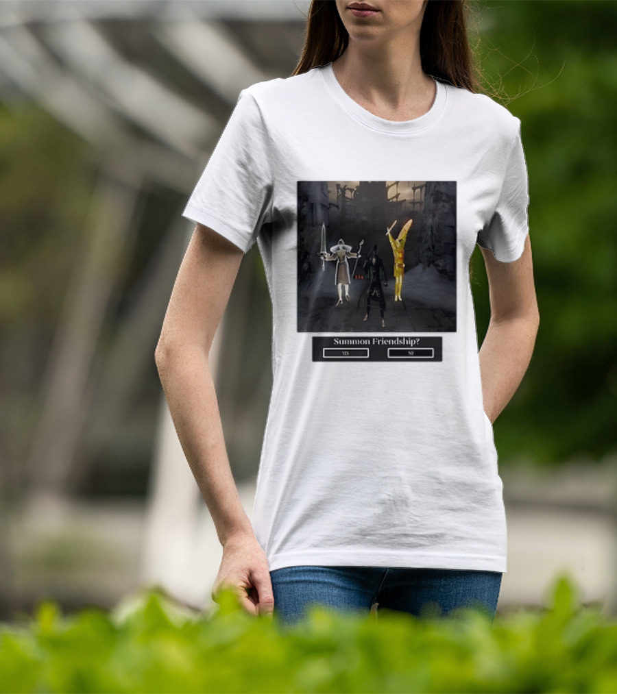 Summon Friendship? Yes No Characters With Swords And Wings T-Shirt