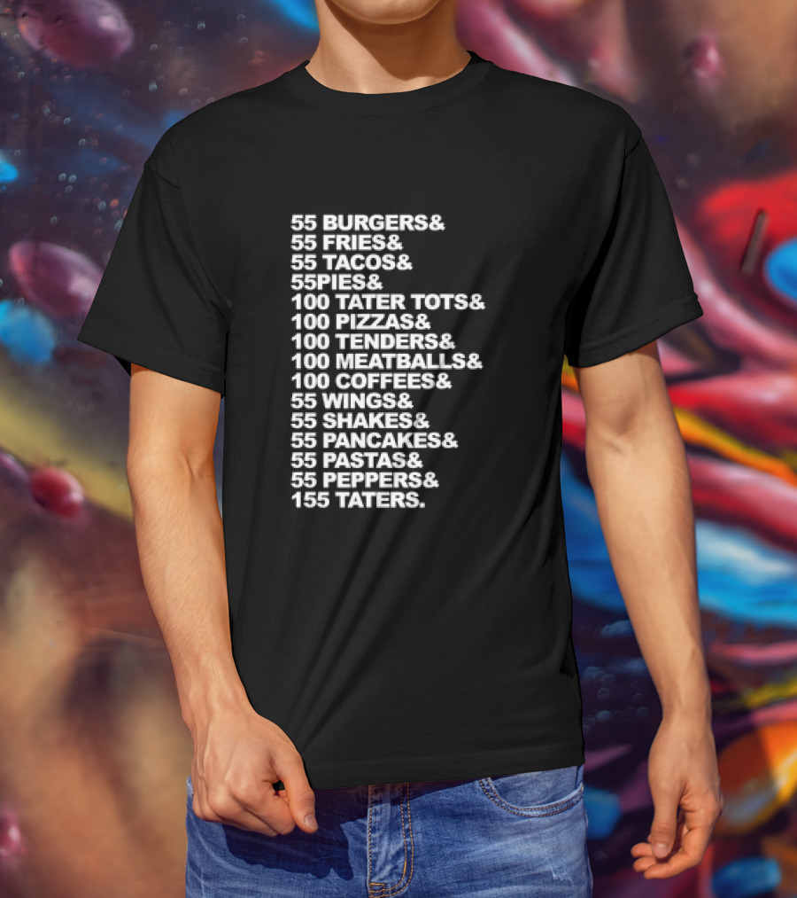 55 Burgers 55 Fries 55 Tacos 55 Pies 100 Tater Tots 100 Pizzas 100 Tenders 100 Meatballs 100 Coffees 55 Wings 55 Shakes 55 Pancakes 55 Pastas 55 Peppers 155 Taters T-Shirt