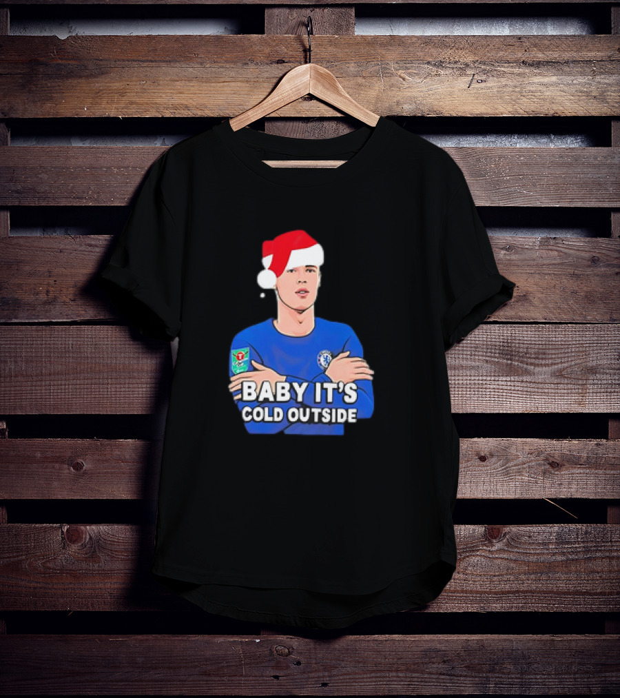 Baby It's Cold Outside Santa Hat Footballer In Blue T-Shirt