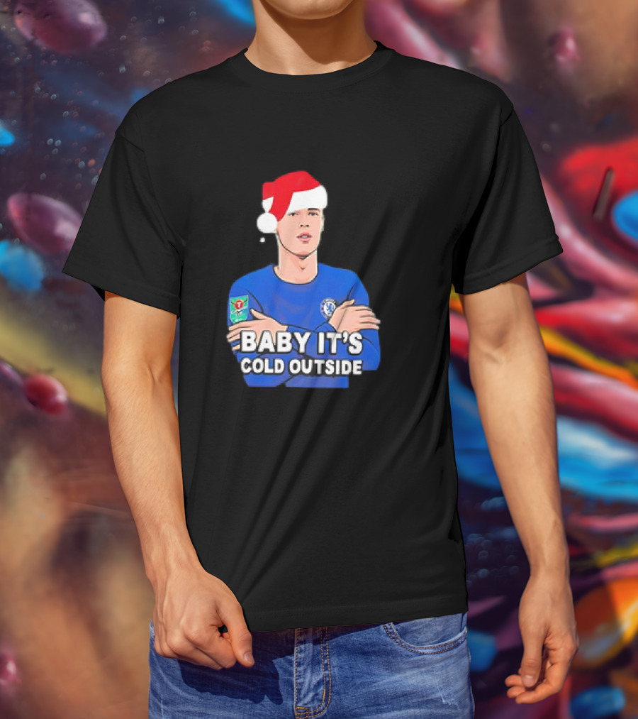 Baby It's Cold Outside Santa Hat Footballer In Blue T-Shirt