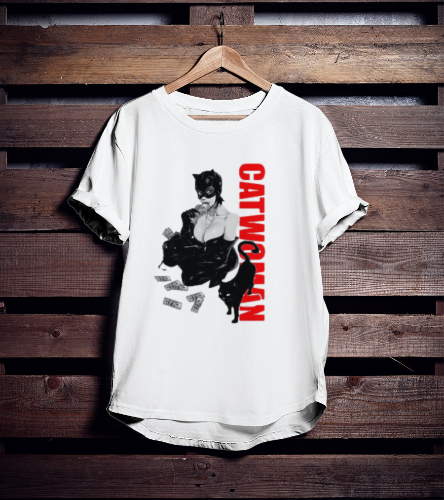 Catwoman Cartoon Noir With Money And Black Cat T-Shirt