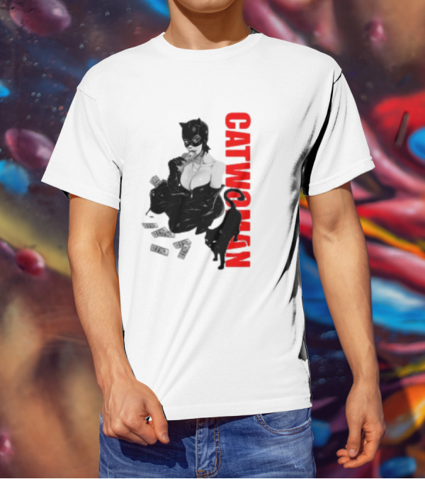 Catwoman Cartoon Noir With Money And Black Cat T-Shirt