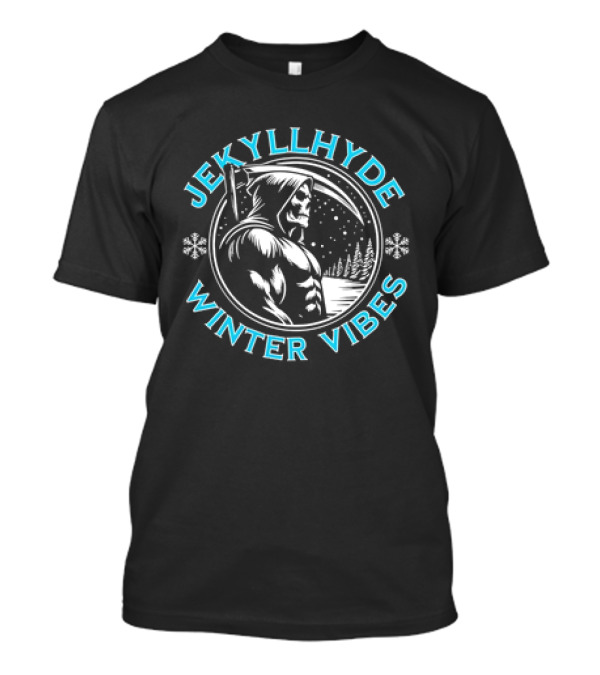 Jekyllhyde Winter Vibes Skeleton Hooded Figure Snowflakes Forest Scene T-Shirt