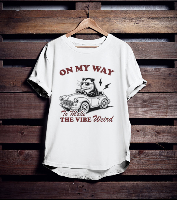 ON MY WAY TO MAKE THE VIBE WEIRD Opossum In Car With Sunglasses And Lightning Bolt T-Shirt