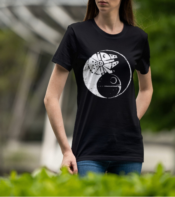 Millennium Falcon And Death Star Yin Yang Balancing The Force T-Shirt