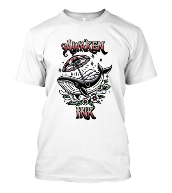 Awaken Ink Whale With Umbrella And Flowers T-Shirt