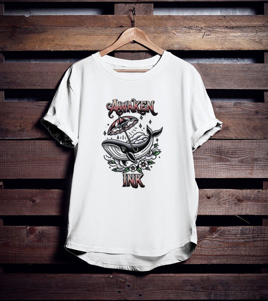 Awaken Ink Whale With Umbrella And Flowers T-Shirt
