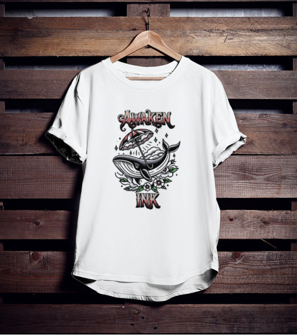 Awaken Ink Whale With Umbrella And Flowers T-Shirt