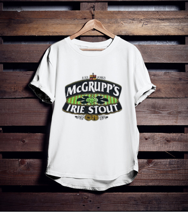 McGrupp's Irie Stout Est 1983 Logo With Green Striped Background And Emblem T-Shirt