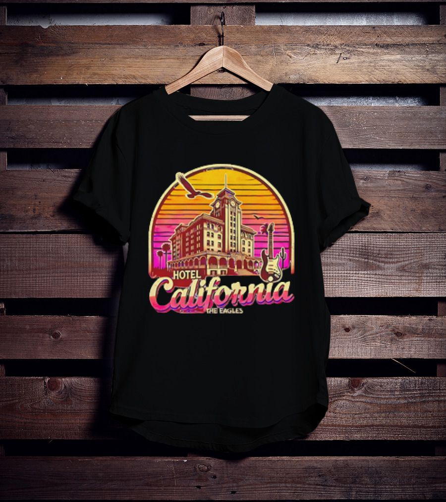 Hotel California The Eagles Sunset Art Deco Guitar And Seagulls T-Shirt