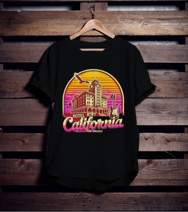 Hotel California The Eagles Sunset Art Deco Guitar And Seagulls T-Shirt