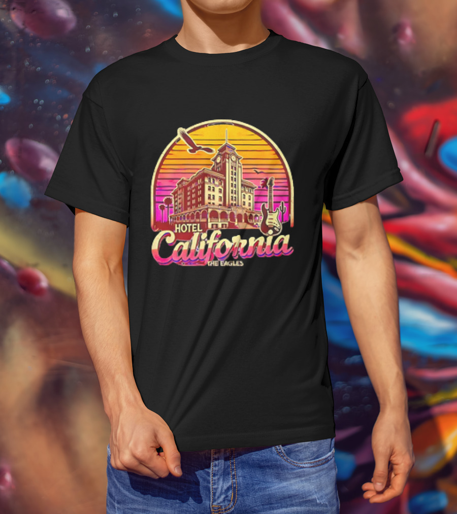 Hotel California The Eagles Sunset Art Deco Guitar And Seagulls T-Shirt