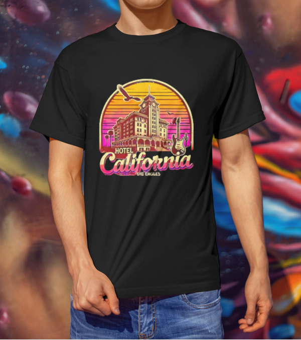 Hotel California The Eagles Sunset Art Deco Guitar And Seagulls T-Shirt