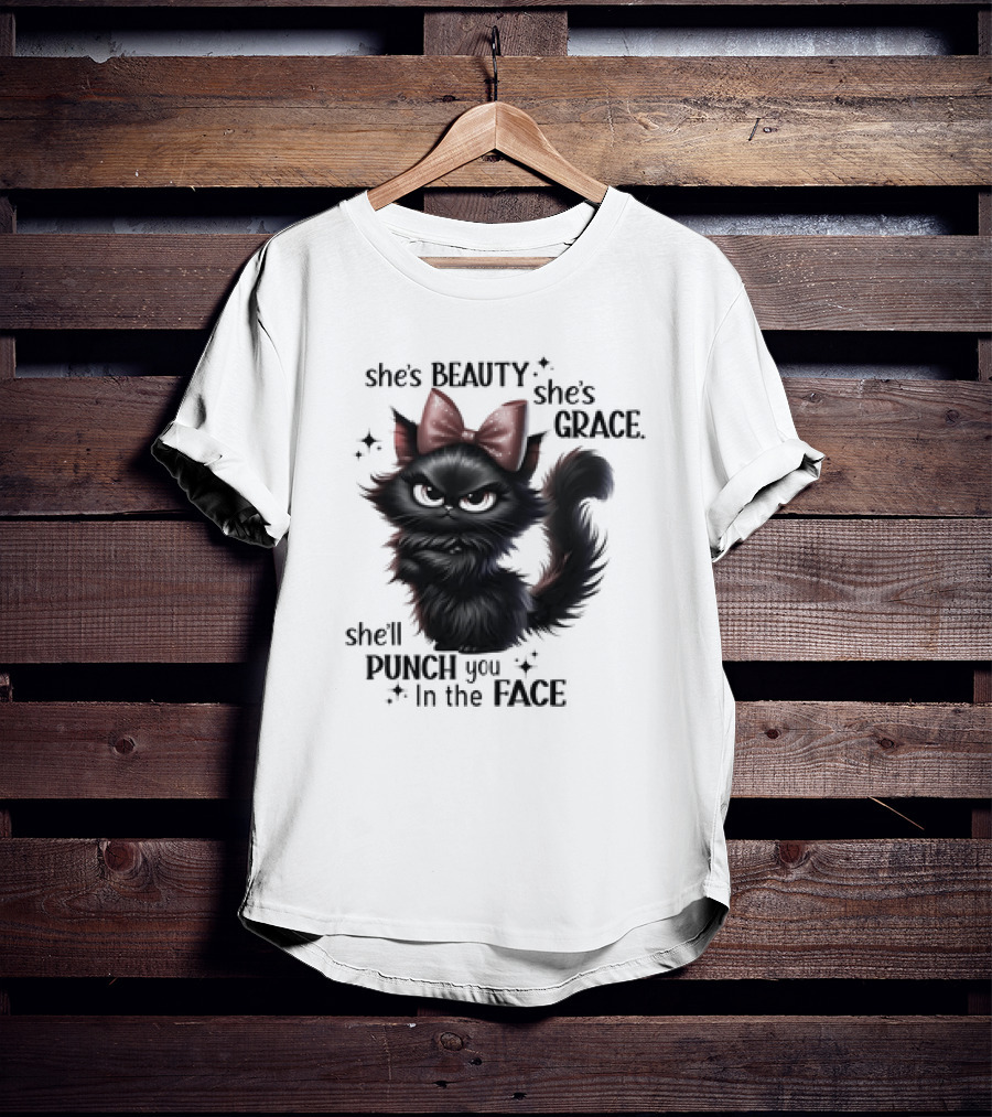 She's Beauty She's Grace She'll Punch You In The Face Black Cat With Bow And Sparkles T-Shirt