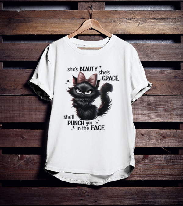 She's Beauty She's Grace She'll Punch You In The Face Black Cat With Bow And Sparkles T-Shirt