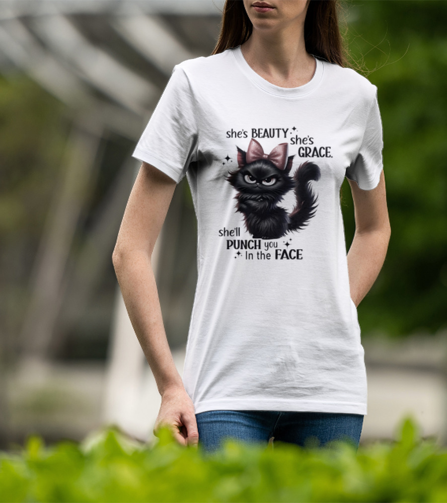 She's Beauty She's Grace She'll Punch You In The Face Black Cat With Bow And Sparkles T-Shirt