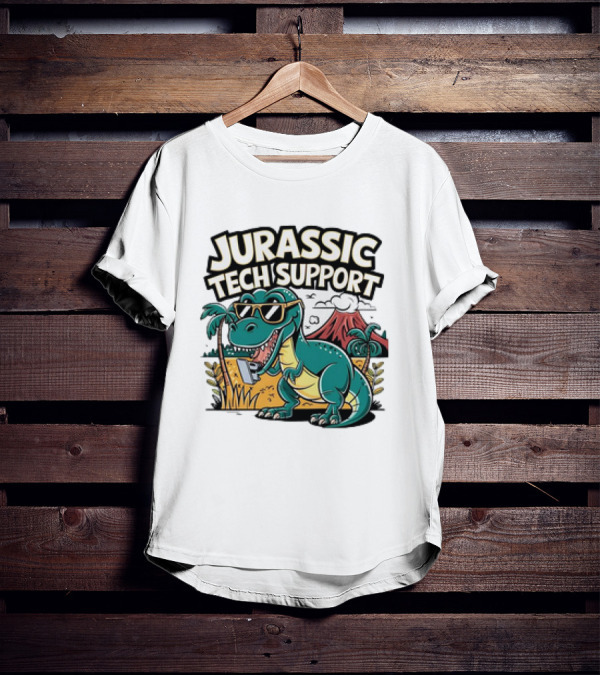 Jurassic Tech Support Dinosaur With Sunglasses And Volcano T-Shirt