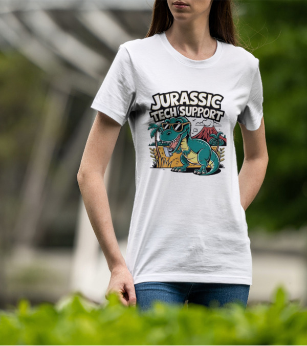 Jurassic Tech Support Dinosaur With Sunglasses And Volcano T-Shirt