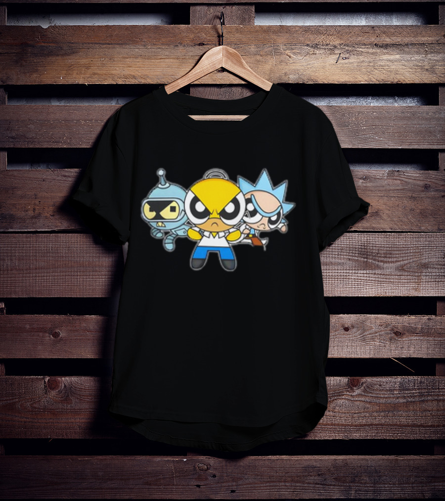 Bender Homer Rick Powerpuff Girls Drunkenpuff Guys Crossover T-Shirt