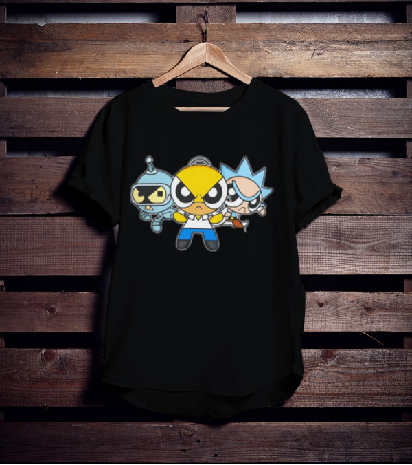 Bender Homer Rick Powerpuff Girls Drunkenpuff Guys Crossover T-Shirt