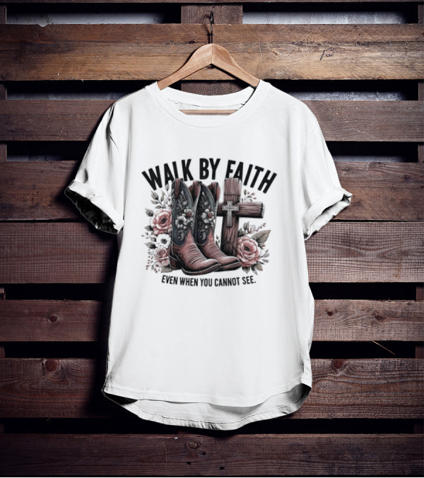 Walk By Faith Even When You Cannot See Cowboy Boots Cross And Flowers T-Shirt