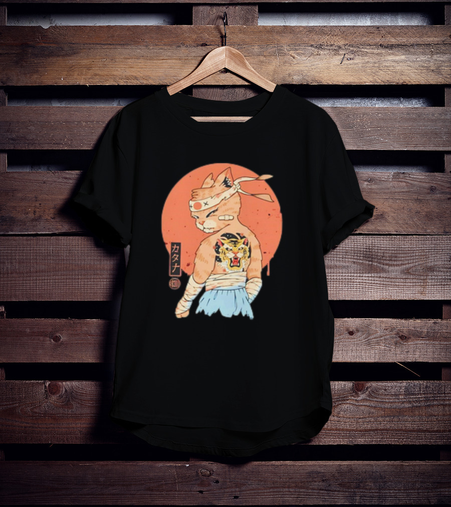 Samurai Cat Katana Battle Damage Japanese Tiger Tattoo T-Shirt