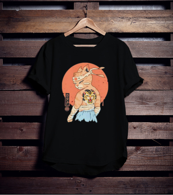 Samurai Cat Katana Battle Damage Japanese Tiger Tattoo T-Shirt