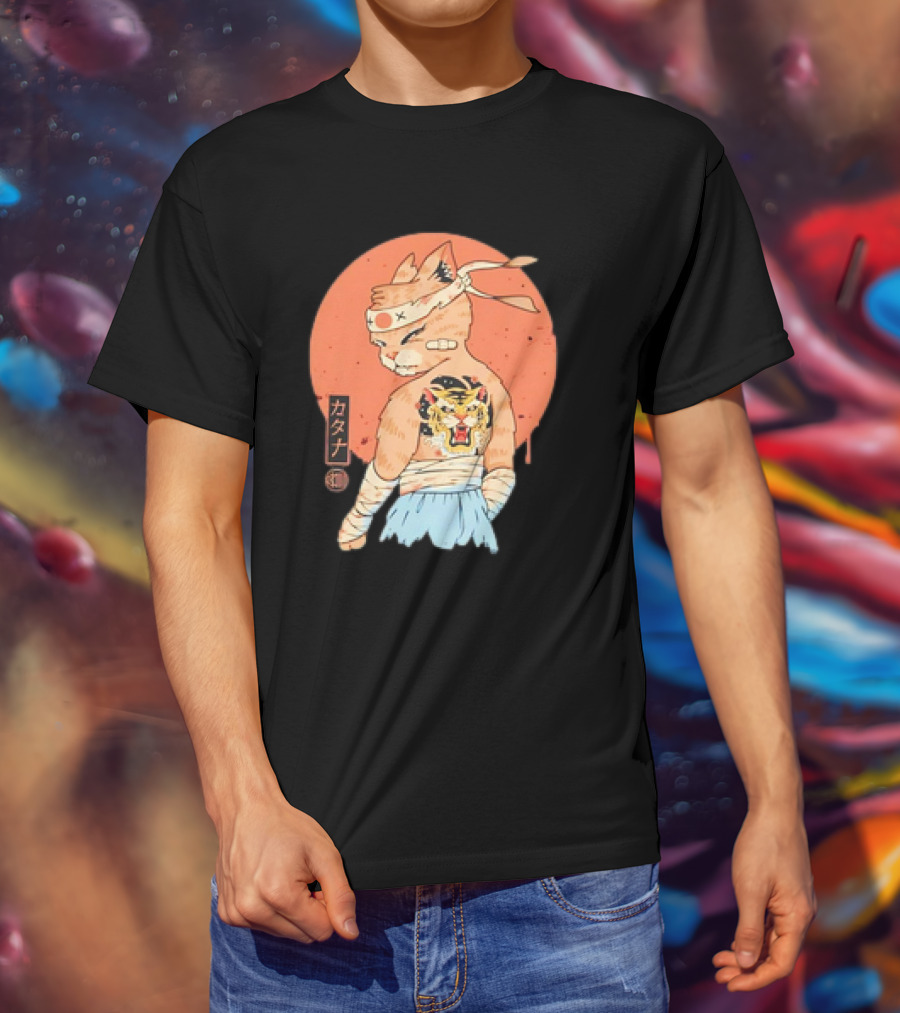Samurai Cat Katana Battle Damage Japanese Tiger Tattoo T-Shirt