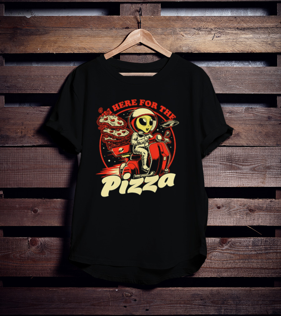 Space Pizza Delivery Alien Riding Scooter I'm Here For The Pizza T-Shirt