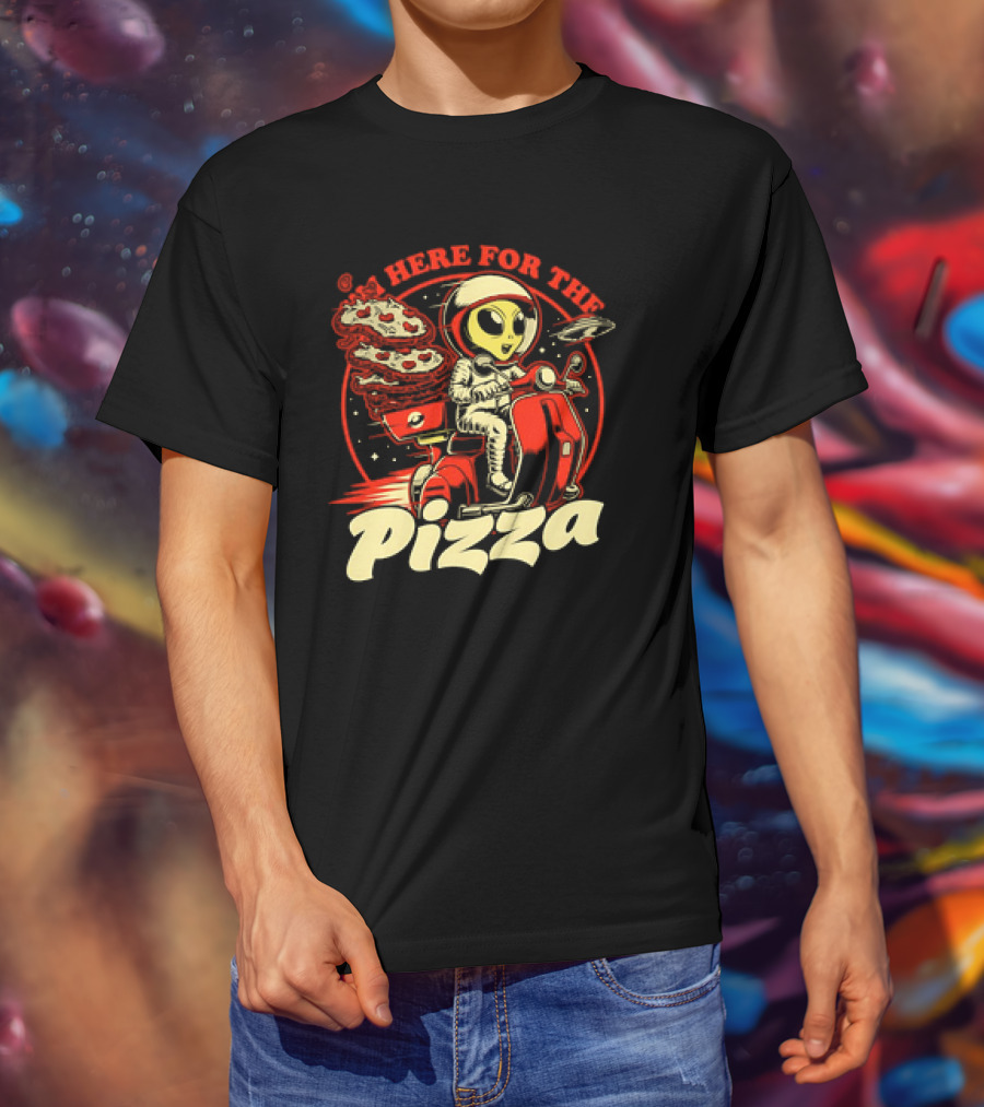Space Pizza Delivery Alien Riding Scooter I'm Here For The Pizza T-Shirt
