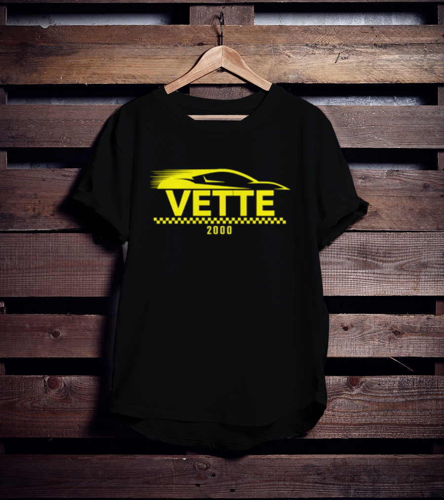Vette 2000 Sports Car Yellow Silhouette And Checkered Stripe T-Shirt