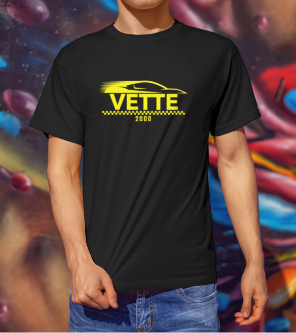 Vette 2000 Sports Car Yellow Silhouette And Checkered Stripe T-Shirt