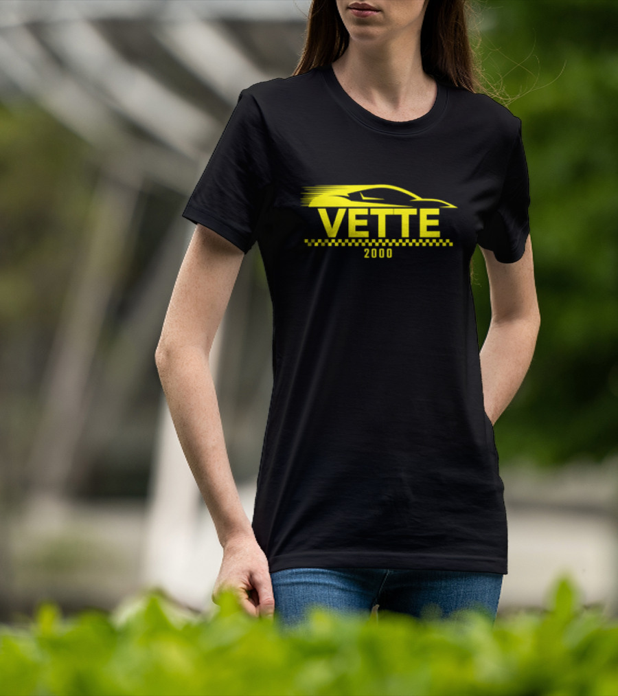 Vette 2000 Sports Car Yellow Silhouette And Checkered Stripe T-Shirt