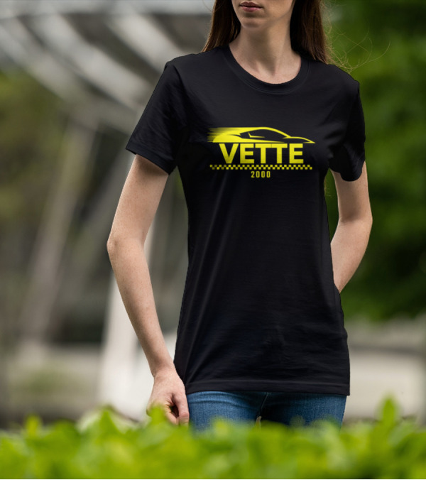 Vette 2000 Sports Car Yellow Silhouette And Checkered Stripe T-Shirt