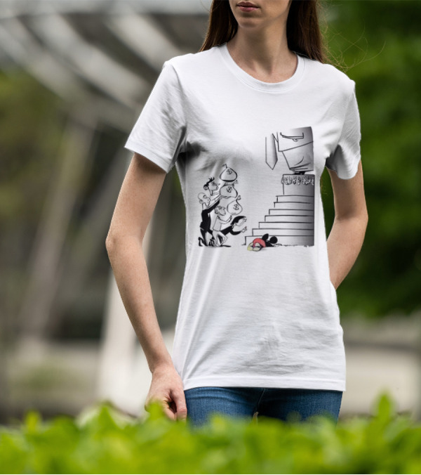 Mickey Mouse Money Bags Cartoon Stairs Political Satire T-Shirt