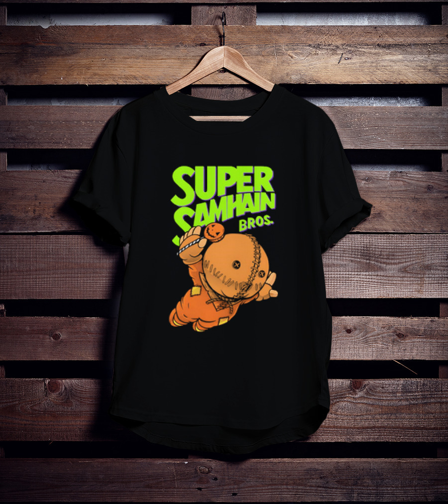 Super Samhain Bros Trick ‘r Treat Sam Icon In Pumpkin Suit With Green And Orange Highlights T-Shirt