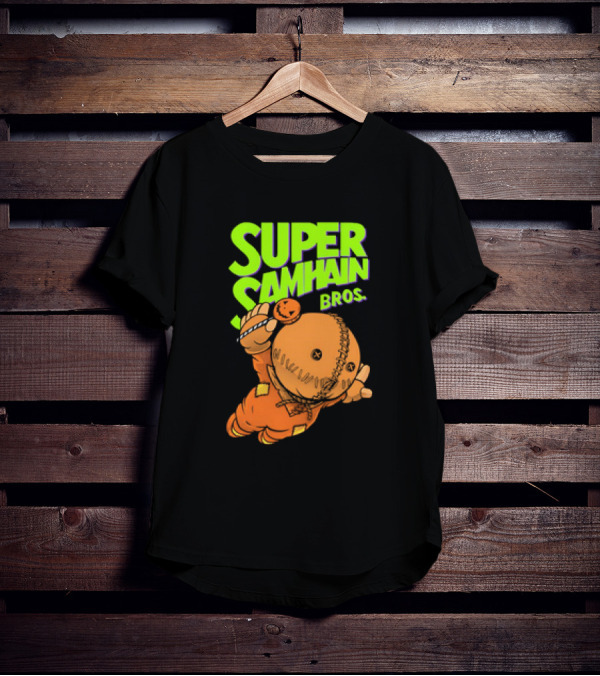 Super Samhain Bros Trick ‘r Treat Sam Icon In Pumpkin Suit With Green And Orange Highlights T-Shirt