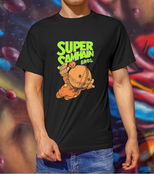Super Samhain Bros Trick ‘r Treat Sam Icon In Pumpkin Suit With Green And Orange Highlights T-Shirt