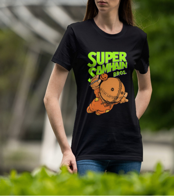 Super Samhain Bros Trick ‘r Treat Sam Icon In Pumpkin Suit With Green And Orange Highlights T-Shirt