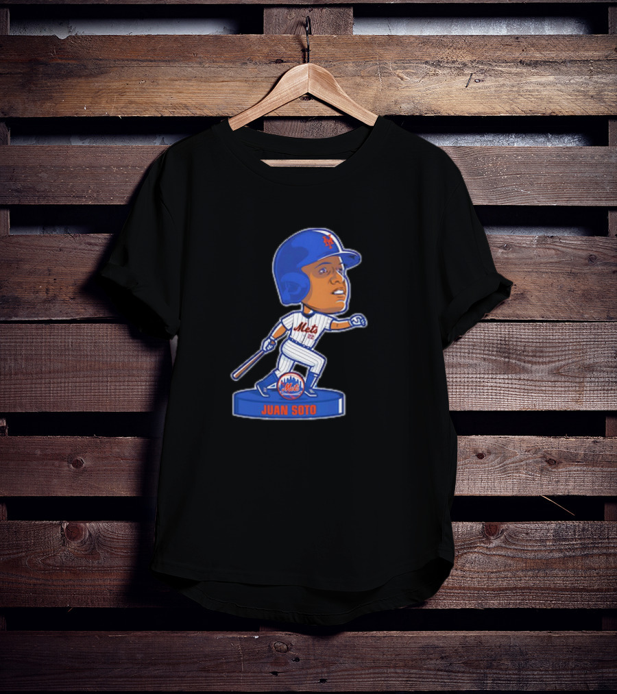 Juan Soto New York Mets Bobblehead Cartoon Mets Logo Baseball T-Shirt
